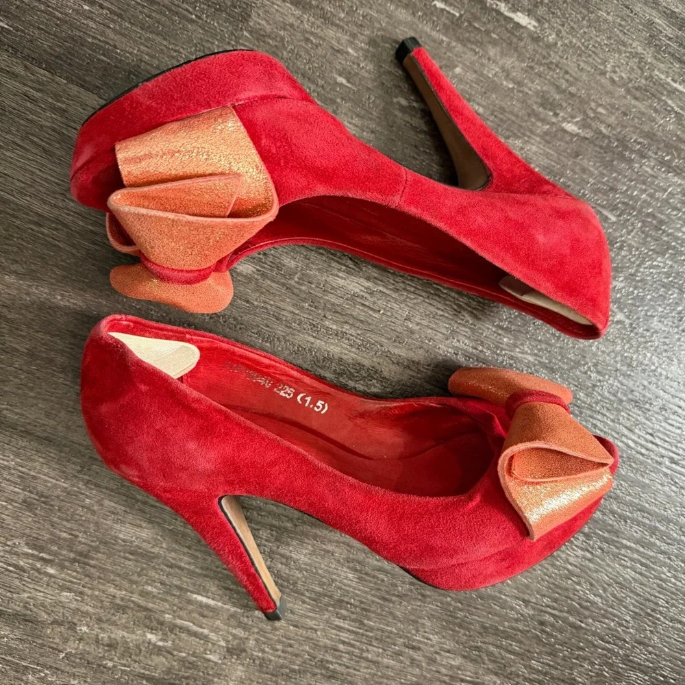 Bailing Li Ren Red Suede Platform Heels with Glitter Bow Pumps Women Size 5.5